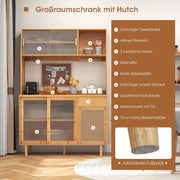 Aparador con alacena COSTWAY, armario de cocina de bambú, buffet de cocina con puerta corredera, puerta de ratán, ganchos, soporte para copas y cajón, armario despensa, vitrina estilo rústico, natural