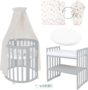 Cuna ovalada evolutiva Waldin, set completo 7 en 1, cuna de barrotes, cama infantil con colchón, cambiador, cuna colecho, madera blanca