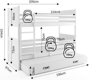 Interbeds litera para 3 niños, cama alta de 200x90 cm, cama de madera de pino, cama infantil con espacio adicional para dormir en el cajón, cama juvenil con somier y protección anticaídas