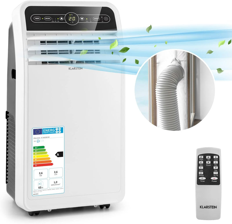 Aire acondicionado portátil Klarstein con manguera de escape, unidad 4 en 1 con ventilador, deshumidificador y modo nocturno, aire acondicionado pequeño y portátil para el hogar y la oficina, bajo consumo, 9000 BTU