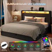 Cama FEONASE 180x200 con espacio de almacenamiento, cama tapizada de 180x200 cm con iluminación LED y estación de carga, estructura de cama con almacenamiento hidráulico y en el cabecero, somier, sin colchón, gris oscuro