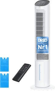 Ventilador de torre DREO con refrigeración silenciosa, ventilador con refrigeración por agua, enfriador de aire de 102 cm, enfriador evaporativo con función de oscilación de 80°, 3 modos, 4 velocidades, mando a distancia, blanco