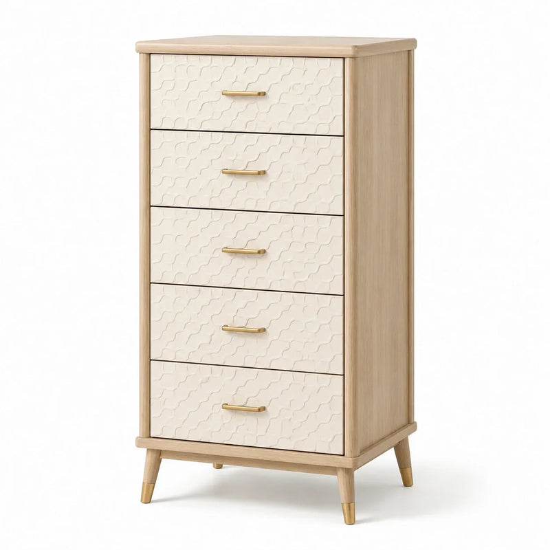 Cómoda de haya, 5 cajones, beige