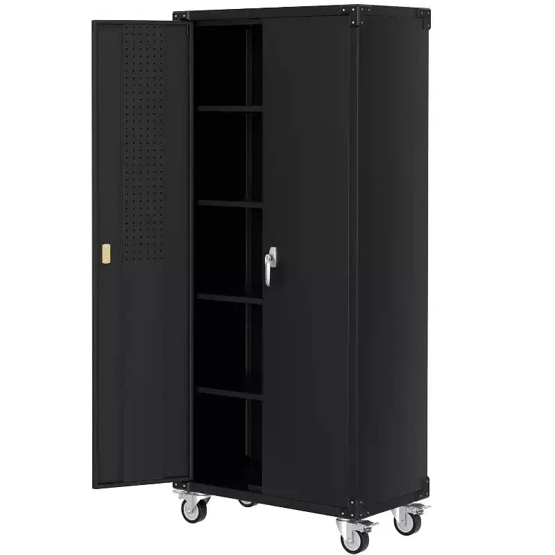 Gabinete de almacenamiento de metal para garaje de alta resistencia de 72 pulgadas con ruedas - Puertas con cerradura - 4 estantes ajustables - Organizador de tablero perforado - Casillero de herramientas móvil