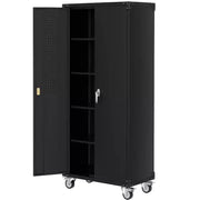 Gabinete de almacenamiento de metal para garaje de alta resistencia de 72 pulgadas con ruedas - Puertas con cerradura - 4 estantes ajustables - Organizador de tablero perforado - Casillero de herramientas móvil