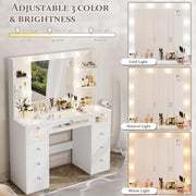 Tocador blanco con espejo iluminado de 23.5”, escritorio con cubierta de vidrio, 9 cajones, 3 colores de luces tipo Hollywood, 4 repisas, acrílico y toma de corriente, mesa de maquillaje para dormitorio