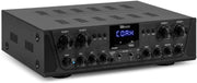 Pack de sonorización de 4 zonas Power Dynamics de 400 vatios con Bluetooth, 8 altavoces negros, reproductor MP3 USB/SD, radio FM, entradas de micrófono y mando a distancia: kit completo para multisalas y restauración.