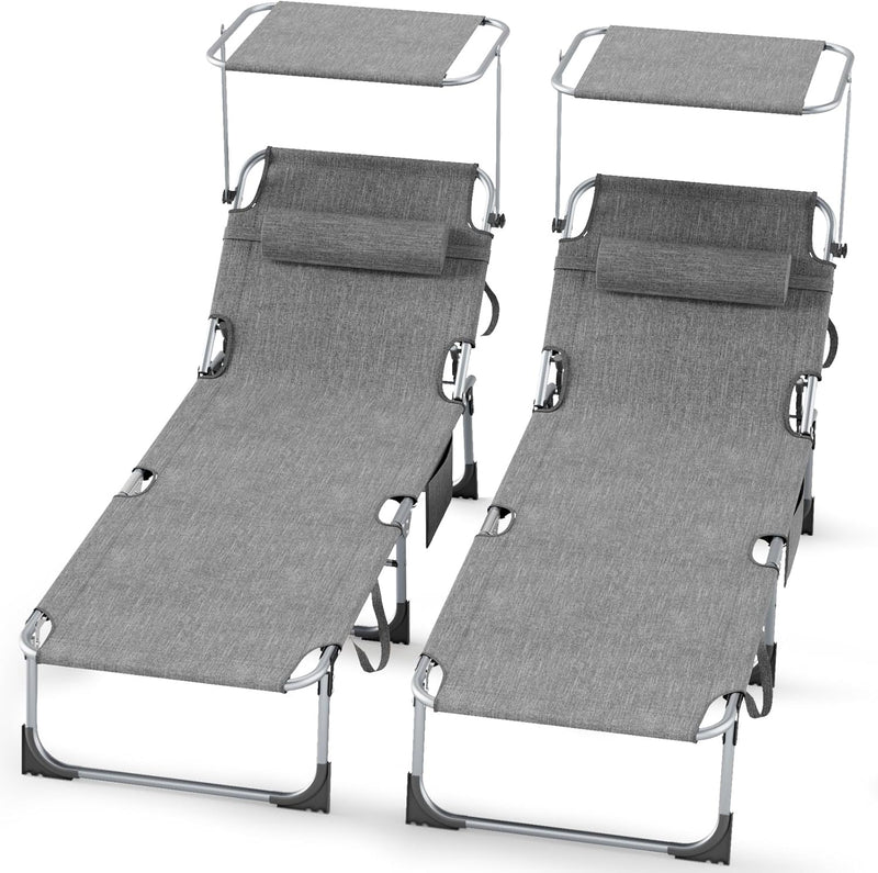 Set de 2 tumbonas plegables 194 x 68 x 29 cm, silla de aluminio con capacidad de hasta 150 kg, tumbona de playa y jardín resistente a la intemperie, con protección solar y respaldo ajustable, gris claro