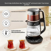 Máquina de té Karaca Caysever, acero, cromo 1700 W, libre de BPA, capacidad de tetera de cristal de 0,8 L, capacidad del depósito de agua de 1,5 L, preparación de agua