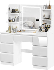 TRIUMPHKEY Tocador Moderno Blanco de Alto Brillo, Espejo LED con Luz Ajustable, Gran Espacio de Almacenamiento, Mesa de Maquillaje con 7 Cajones, 3 Compartimentos, 4 Estantes Abiertos