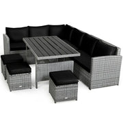 Conjunto de muebles de comedor para patio de 7 piezas de ratán con sofá seccional, mesa de comedor, otomanas y cojines
