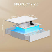 Mesa de centro elevable YITAHOME, mesa de salón de alto brillo con tablero elevable, mesa de centro para sala de estar con LED de 16 colores, estilo moderno y 2 cajones