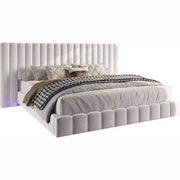 Cama de plataforma tapizada AMERLIFE con luces LED, diseño flotante, soporte de listones sólidos