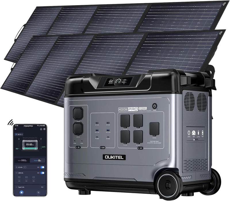 Estación de energía portátil OUKITEL P5000 Pro de 4000 W con 2 paneles solares de 200 W, generador solar de 5120 Wh, batería LiFePO4, carga completa en 1,2 h, 15 salidas, aplicación, estación de energía portátil para camping, viajes