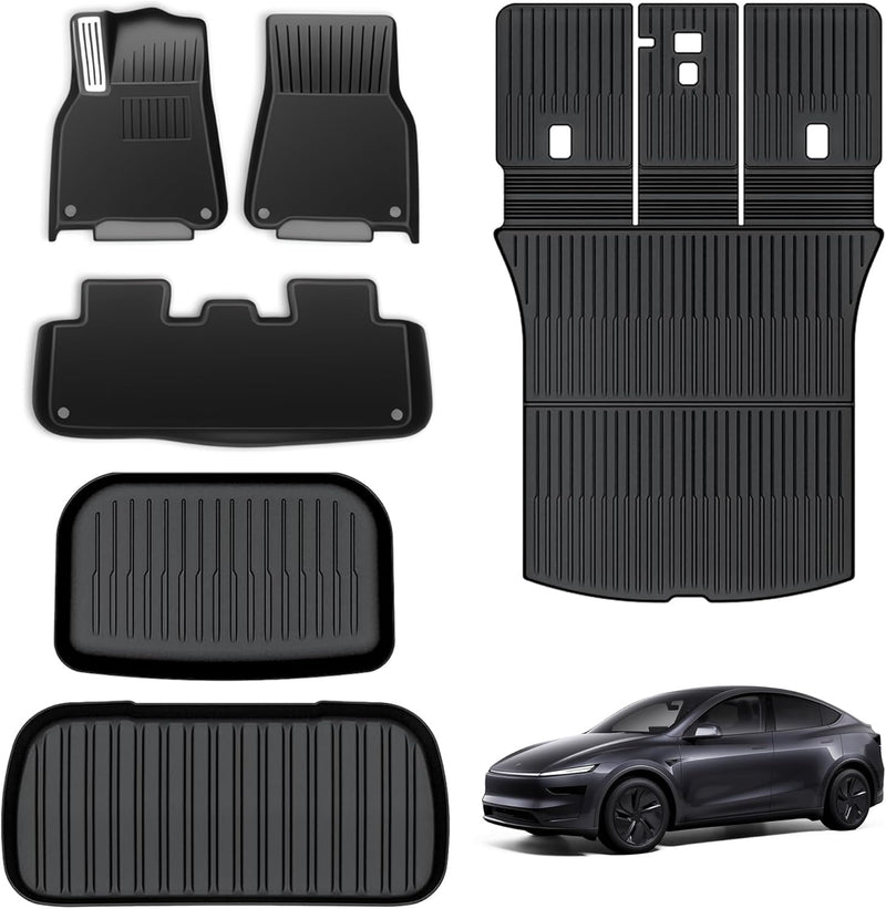 TOPABYTE Alfombrillas + Maletero para Tesla Model Y Juniper 2025 2026, revestimiento para todas las estaciones, alfombrillas para maletero delantero y trasero, funda protectora de respaldo de goma TPE