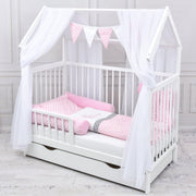 Set completo de cuna Baby Delux, cama casita de 60x120 cm, color blanco, con cajón, barrera anticaídas, colchón, ropa de cama y set de decoración (Prince Stars)