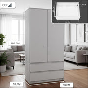 Armario infantil CDF de 90 cm de ancho, armario de dos puertas con 2 cajones, 3 estantes y una barra para colgar ropa, dormitorio, panel laminado de 16 mm, armario multiusos, roble artisan / antracita