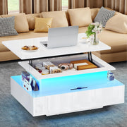 Mesa de centro elevable YITAHOME, mesa de salón de alto brillo con tablero elevable, mesa de centro para sala de estar con LED de 16 colores, estilo moderno y 2 cajones