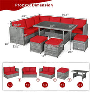 Conjunto de muebles de comedor para patio de 7 piezas de ratán con sofá seccional, mesa de comedor, otomanas y cojines