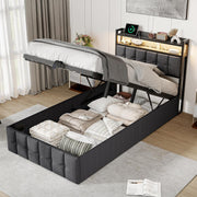 Marco de cama 90x200, cama boxspring con LED, cama individual con almacenamiento, cama tapizada hidráulica con almacenamiento, cama funcional, cama juvenil con USB, cama tapizada para 1 persona (gris + lino)