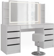 Tocador Vicco Sherry, blanco/blanco alto brillo, 158,2 cm, 5 piezas, con iluminación LED y taburete acolchado