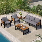 Conjunto de sofá para exterior de 4 piezas para 5 personas con mesa de centro de madera maciza y cojines extraíbles