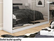 Armario MEBLINI con espejo, 2 puertas - Armario de puertas correderas con barra para colgar ropa - Armario de dormitorio con estantes - Armario ropero - Flores - 200 cm - Blanco + espejo