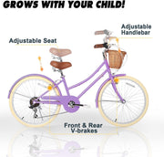 Glerc Missy 20, 24, 26 pulgadas bicicleta híbrida urbana tipo crucero para niñas, de 6 velocidades, con cesta de mimbre, para jóvenes mayores de 6 años, varios colores