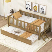 Estructura de cama individual con nido y barandilla, cama de plataforma de perfil bajo con escaleras para niños y niñas