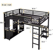 Estructura de cama alta tamaño queen con armario integrado, cama alta de metal con escritorio y estantes de almacenamiento, color negro