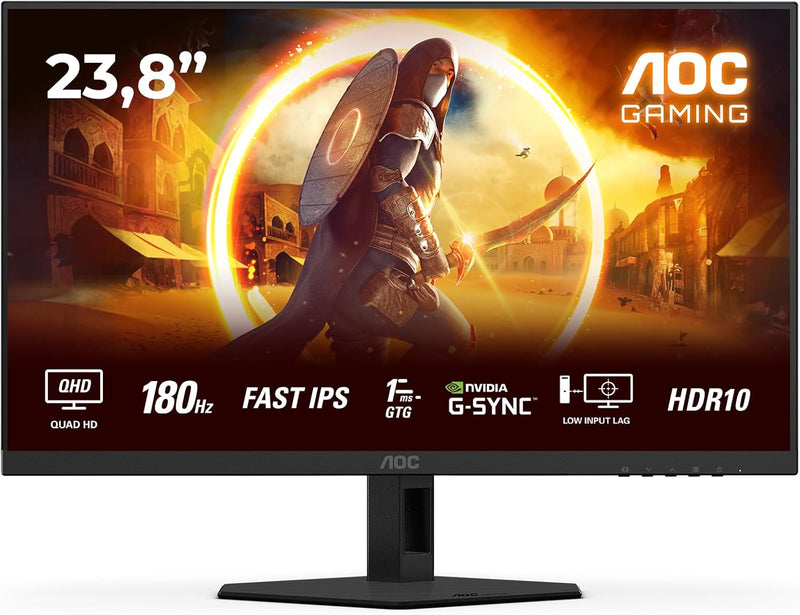 AOC Gaming Q24G2A - Monitor Quad HD de 24 pulgadas, 180 Hz, 1 ms, compatible con G-Sync, HDR10 (2560x1440, 2x HDMI 2.0, 1x DisplayPort 1.4) Negro-Rojo