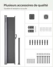 SONGMICS Toldo lateral de aluminio extensible 160 x 350 cm, biombo, protección solar, opaco, para balcón, terraza, jardín, antracita GSA165G