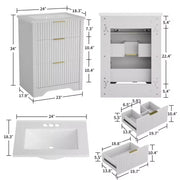 Conjunto de tocador de baño moderno estriado con lavabo de cerámica integrado, mueble de baño independiente con 3 cajones para baño contemporáneo