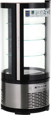 Vitrina refrigerada METRO Professional GRV1100, para hostelería, acero inoxidable/vidrio, 100 L, refrigeración por aire forzado, 490 W, indicador de temperatura,  descongelación automática, redonda, plateada, clase climática 6