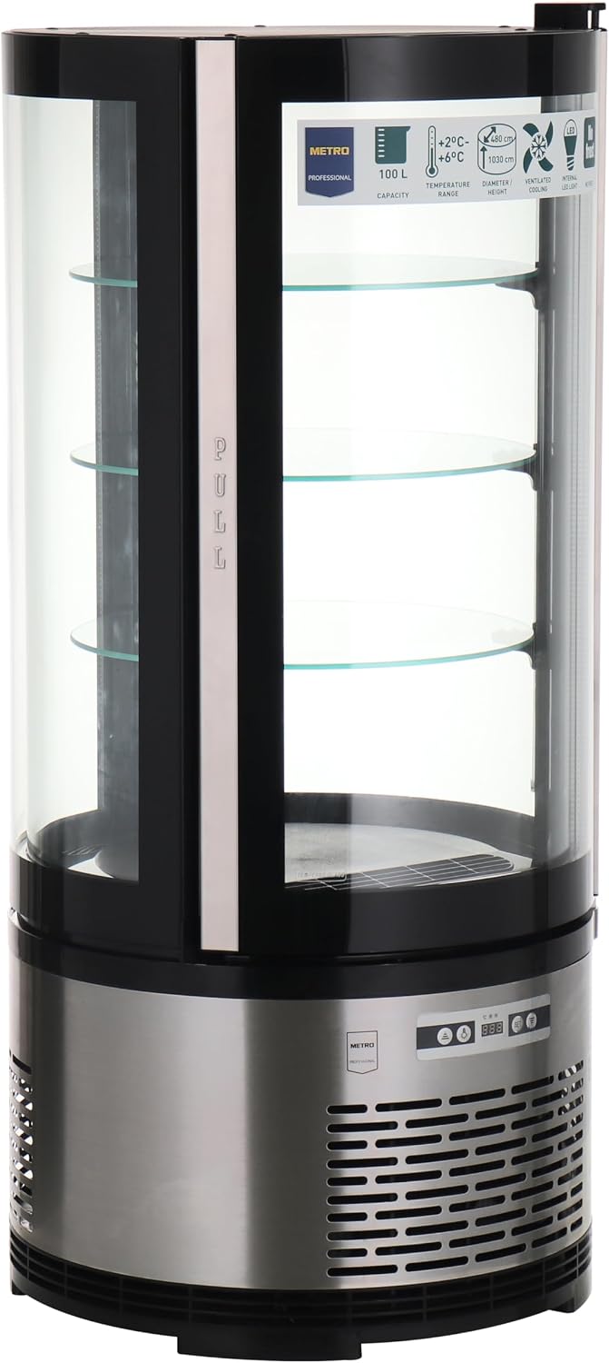 Vitrina refrigerada METRO Professional GRV1100, para hostelería, acero inoxidable/vidrio, 100 L, refrigeración por aire forzado, 490 W, indicador de temperatura, descongelación automática, redonda, plateada, clase climática 6