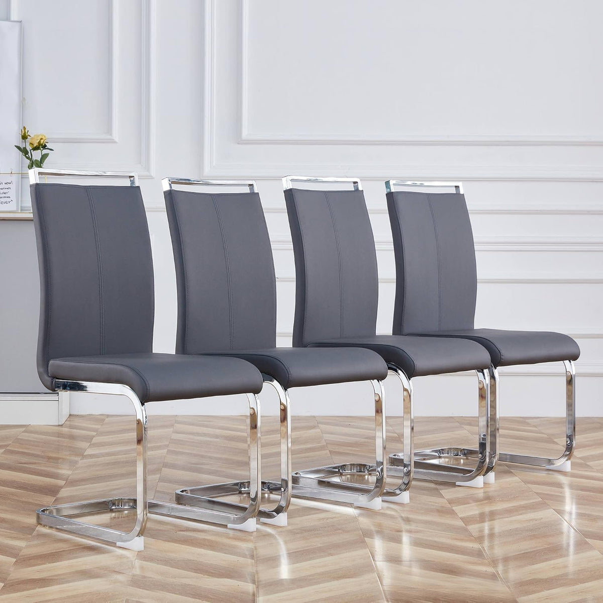 Juego de 4 sillas cantilever Merax, sillas de comedor con piel sintética PU y respaldo alto, estructura de metal cromado, silla de cocina moderna, silla tapizada para sala de estar y sala de conferencias, gris