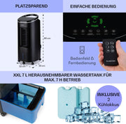 Enfriador de aire Klarstein con refrigeración por agua, enfriador evaporativo 4 en 1 silencioso, humidificador, ventilador y modo nocturno, aire acondicionado portátil de 7 L, enfriador de aire de 65 W, flujo de aire refrigerante de 330 m³/h