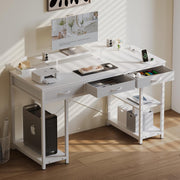 Escritorio para computadora Claiks con 3 cajones, escritorio de 140 x 60 cm con estante, mesa con 2 enchufes y 2 puertos de carga USB, mesa de oficina para PC para oficina en casa, sala de estar, blanco