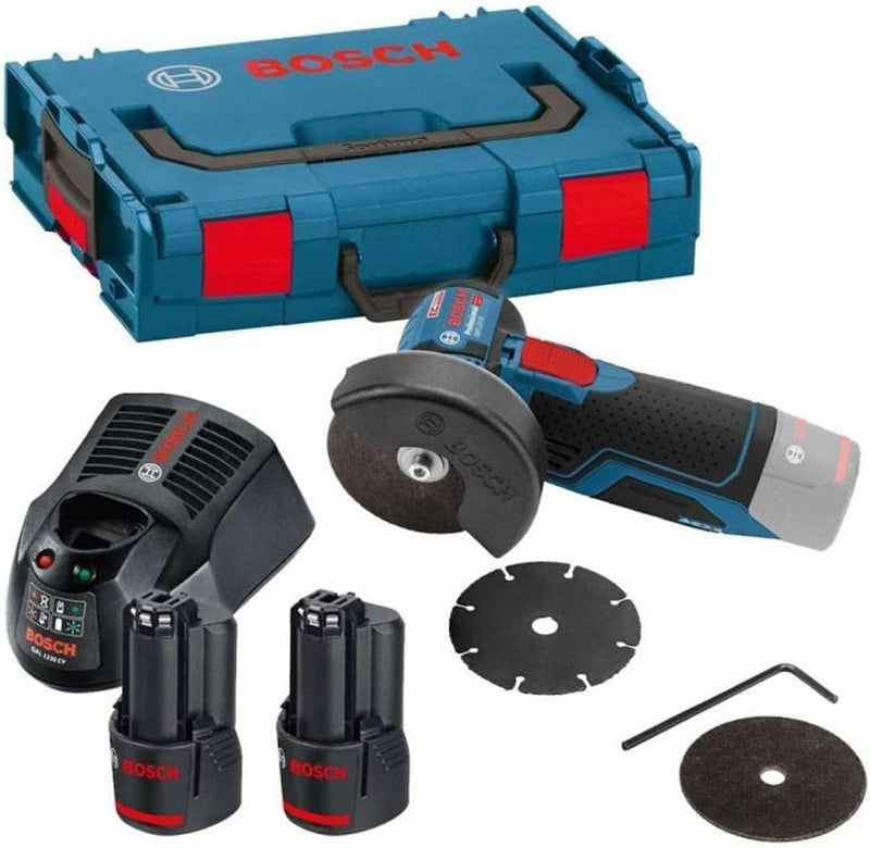 Amoladora angular a batería Professional 12V GWS 12V-76 (incluye 2 baterías de 3.0 Ah, cargador rápido GAL 1230 CV, 1 disco Carbide Multi Wheel, 2 discos de corte Expert for Inox, L-BOXX 2)