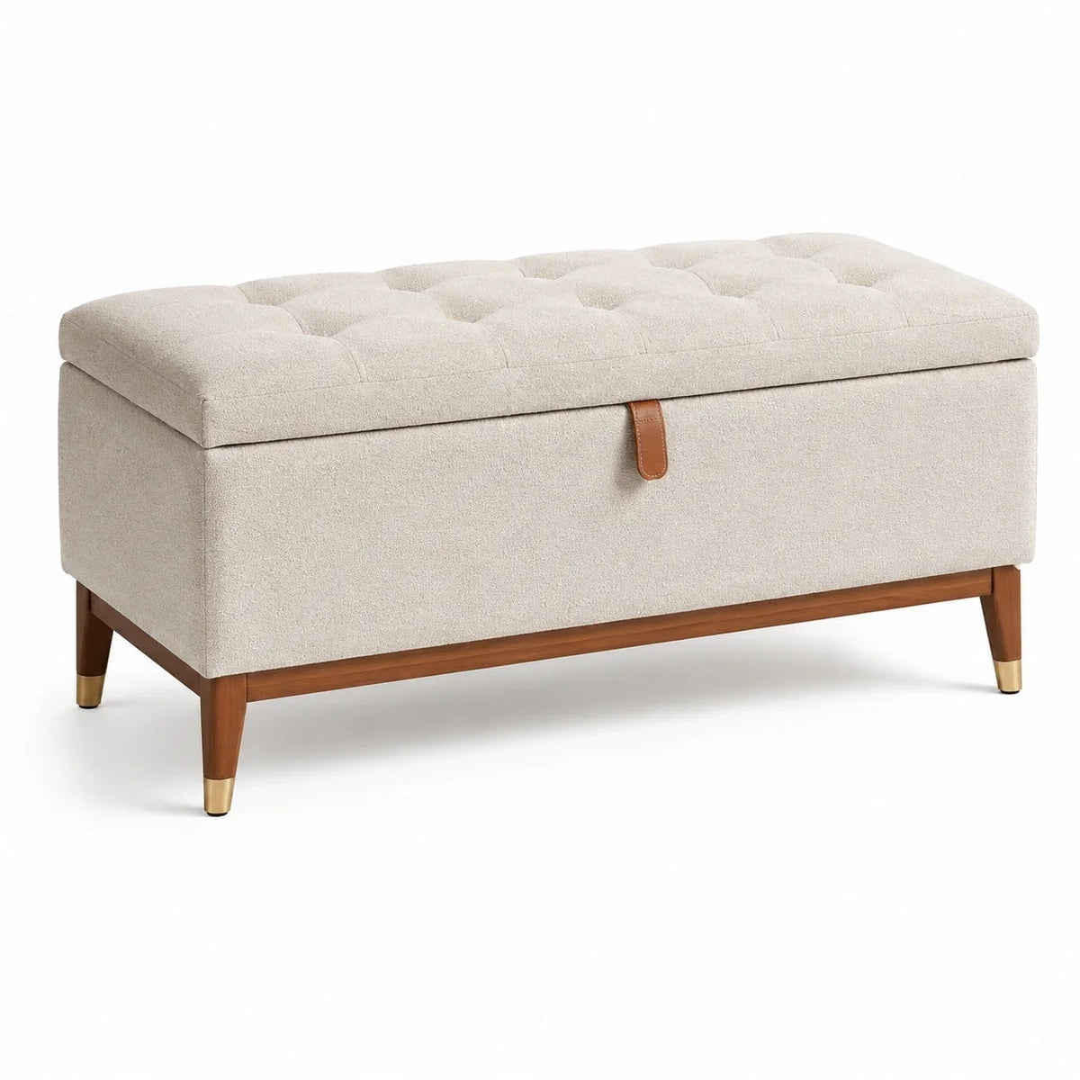 Banco con espacio de almacenamiento, tela de lino y madera maciza, beige