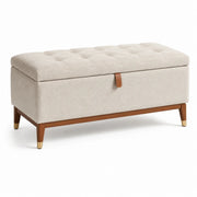 Banco con espacio de almacenamiento, tela de lino y madera maciza, beige