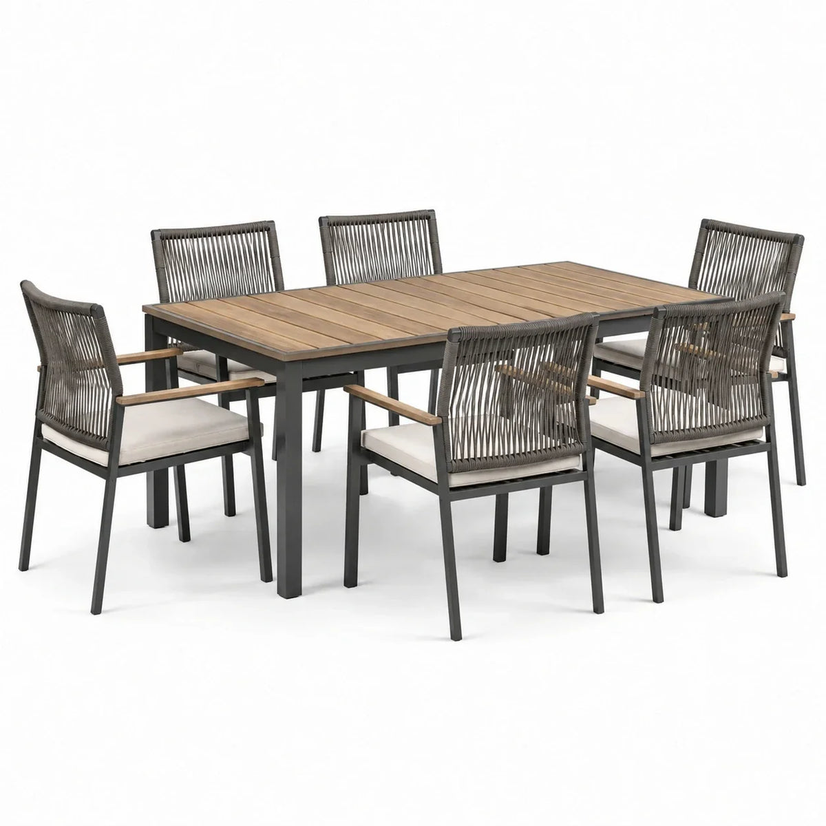 Juego de comedor de jardín de aluminio y madera de teca con 6 sillas, rectangular, gris