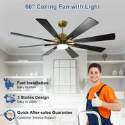 Ventilador de techo con luz, control remoto y 8 aspas grandes de madera