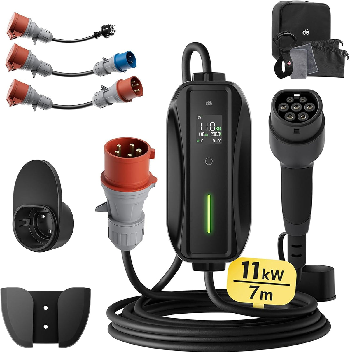 Mobile Wallbox/Ladestation 11kW 3-phasig|7m|6-16A] mit Traveller-Adapter-Set, Ladekabel CEE 16A auf Typ 2 und EV-Ladegerät für Model Y/3, ID.3/4/5, MG4, EX30, e-up, e-tron, Zoe und andere Elektrofahrzeuge