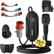 Mobile Wallbox/Ladestation 11kW 3-phasig|7m|6-16A] mit Traveller-Adapter-Set, Ladekabel CEE 16A auf Typ 2 und EV-Ladegerät für Model Y/3, ID.3/4/5, MG4, EX30, e-up, e-tron, Zoe und andere Elektrofahrzeuge