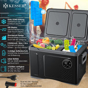 Nevera portátil con compresor KESSER 2 en 1 de doble zona, refrigeración y congelador eléctrico con 2 acumuladores de frío y panel táctil LED | Refrigerador con enfriamiento hasta -20 °C para camping, coche, camión 12/24V 230V