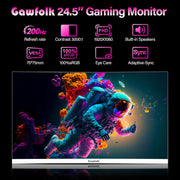 Monitor para PC Gawfolk de 24.5 pulgadas Full HD (1920x1080), 200Hz, 1ms, 3000R Eye Care y FreeSync, compatible con VESA: ¡el monitor para PC ideal! HDMI, DP, protección ocular, inclinable, VESA 75x75