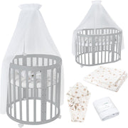 Cuna ovalada evolutiva Waldin, set completo 7 en 1, cuna de barrotes, cama infantil con colchón, cambiador, cuna colecho, madera blanca