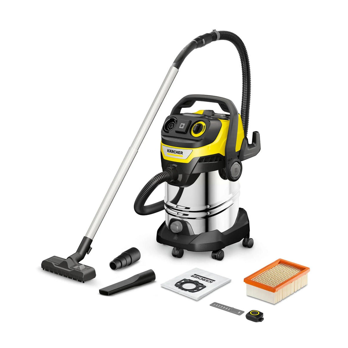 Aspirador en seco y húmedo KÄRCHER WD 7 Control P S, 30 l, 1400 W, FILTelligence, función de soplado, mando a distancia, toma de corriente, acero inoxidable