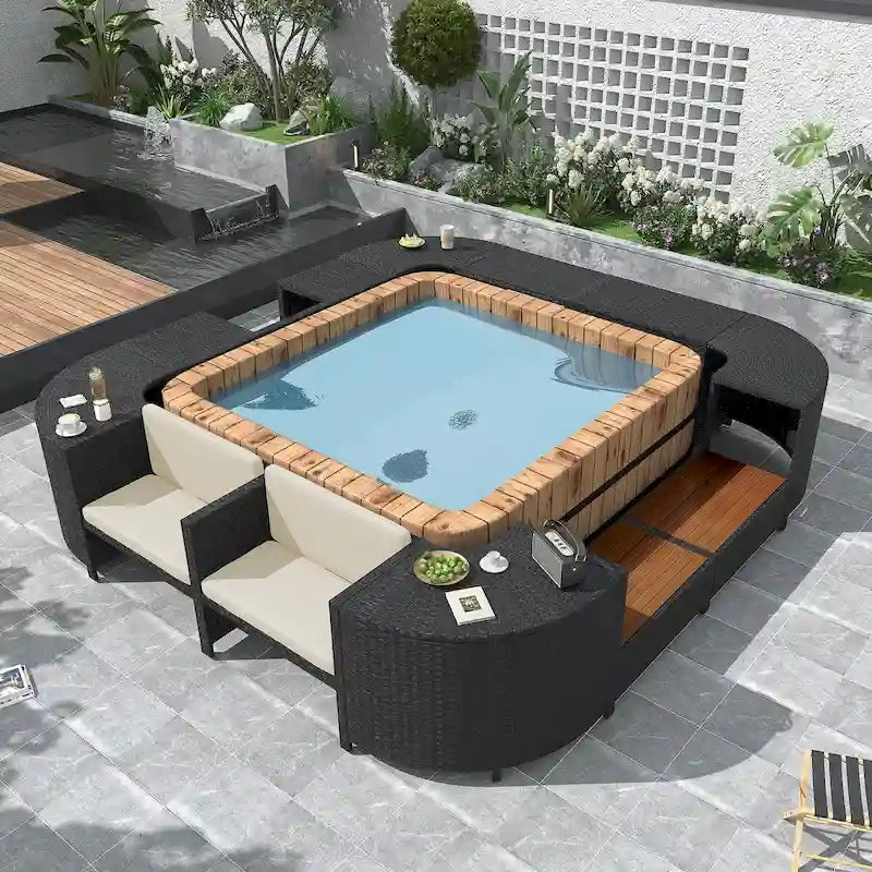 Conjunto de sofá seccional de ratán para exteriores con marco de spa cuadrilátero envolvente